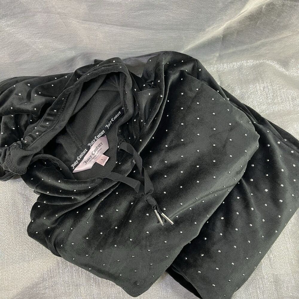 JUICY COUTURE 2 Pc Set Y2K Velour Cropped Hoodie & Sweatpants Jogger Wide Leg L